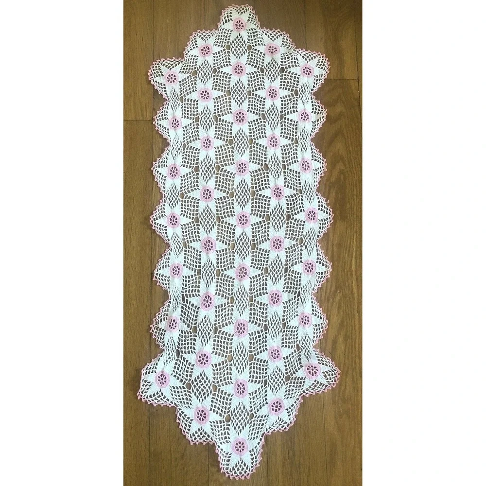 2 Hand Crochet Table Runners Dresser Scarf Pink White Star Handmade Vtg
